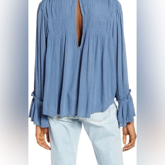 Free people Kelsey Peasant Blouse Blue Metal Bell sleeves Cottagecore Fairycore - Picture 4 of 12